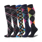 5 Pairs Knee-High Compression Socks Lozenge Pattern Sports Stockings