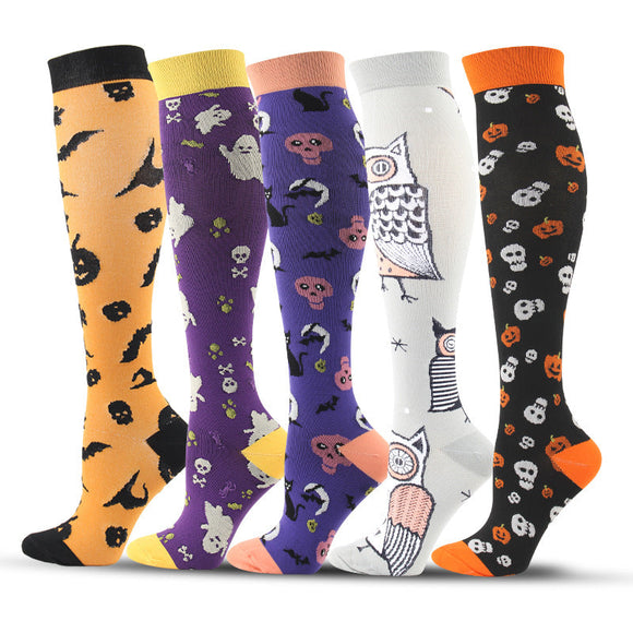 5 Pairs Knee-High Compression Socks Halloween Ghost Owl Pattern Sports Stockings