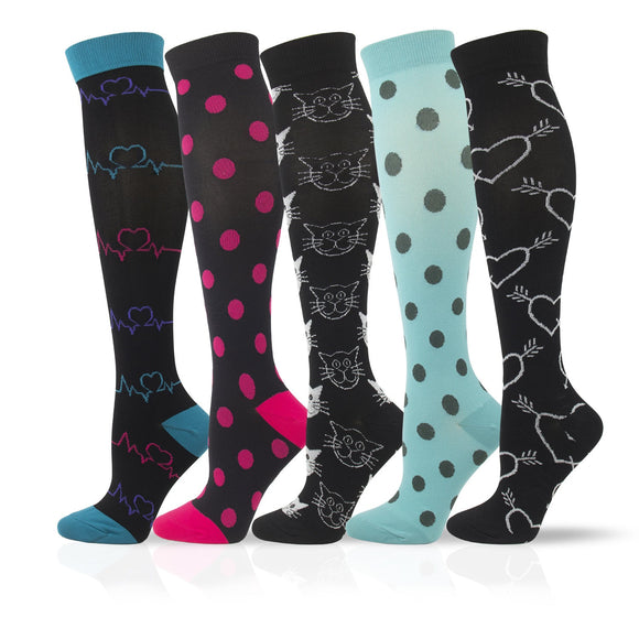 5 Pairs Knee-High Compression Socks Dot Heart Cat Pattern Sports Stockings