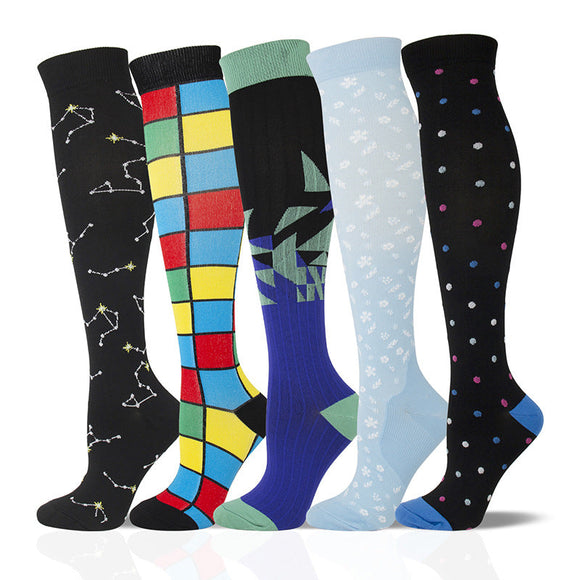 5 Pairs Knee-High Compression Socks Dot Astro Grid Flower Pattern Sports Stockings