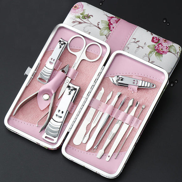 12pcs Manicure Set Nail Clippers Pedicure Kit Pink Flower Case
