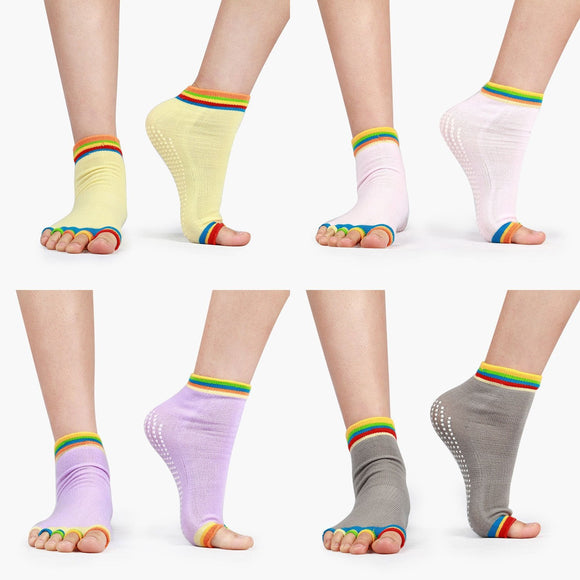 4 Pairs Antislip Toeless Half Toe Socks Cotton Yoga Pilates Barre Socks