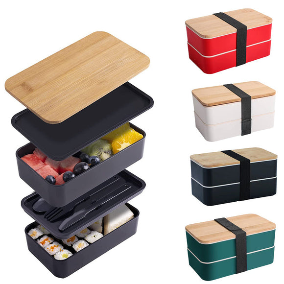 2 Layer Stackable Bento Lunch Box Containers with Spoon and Fork 1200ML