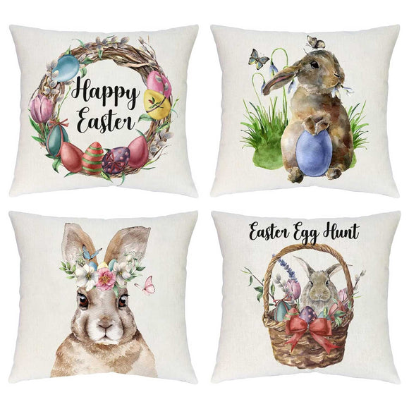 2pcs Easter Linen Pillow Cover with Rabbit Bunnies Flower Egg Patterns