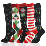 5 Pairs Knee-High Compression Socks Christmas Tree Santa Claus Deer Pattern Sports Stockings