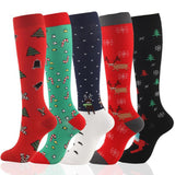 5 Pairs Knee-High Compression Socks Christmas Tree Santa Claus Deer Pattern Sports Stockings