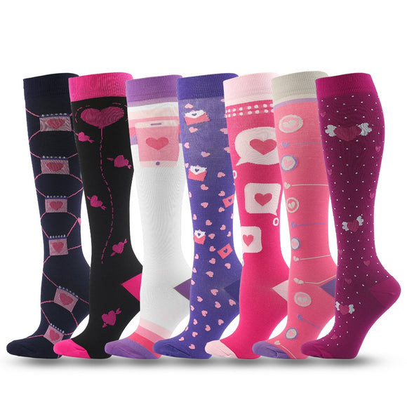 7 Pairs Knee-High Compression Socks Heart Pattern Sports Color Stockings