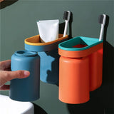 Wall Mounted Toothbrush Holder with Gargle Cup Storage Box Self Adhesive 2Pcs