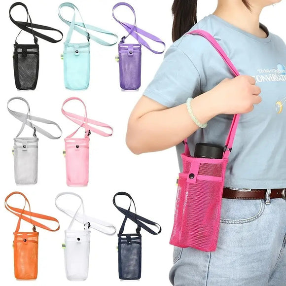 Mesh Water Bottle Holder Carrier with Adjustable Shoulder Strap