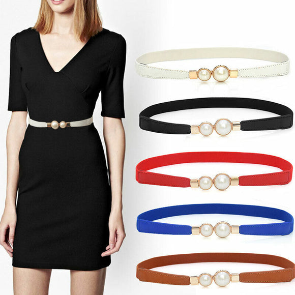 Women Skinny Elastic Waist Belt Pearl Buckle Thin Belt for Dresses