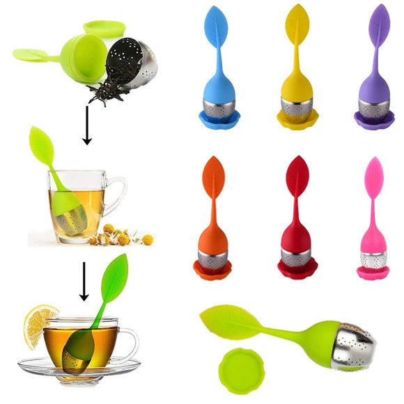 2pcs Ball Silicone Tea Infuser Strainer with Drip Tray Handle Steel Leaf Lid
